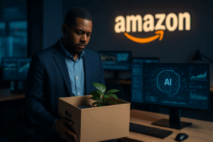 Employé quittant son poste après un licenciement chez Amazon, symbole de l’impact de l’intelligence artificielle sur le travail et des défis futurs pour l’emploi en Haïti.